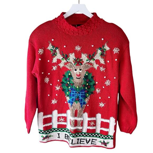 Vintage Sweaters - Vintage Christmas Sweater Reindeer I‎ Believe ugly Sz S